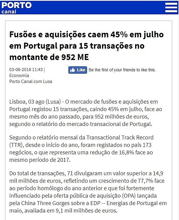 Fuses e aquisies caem 45% em julho em Portugal para 15 transaes no montante de 952 ME